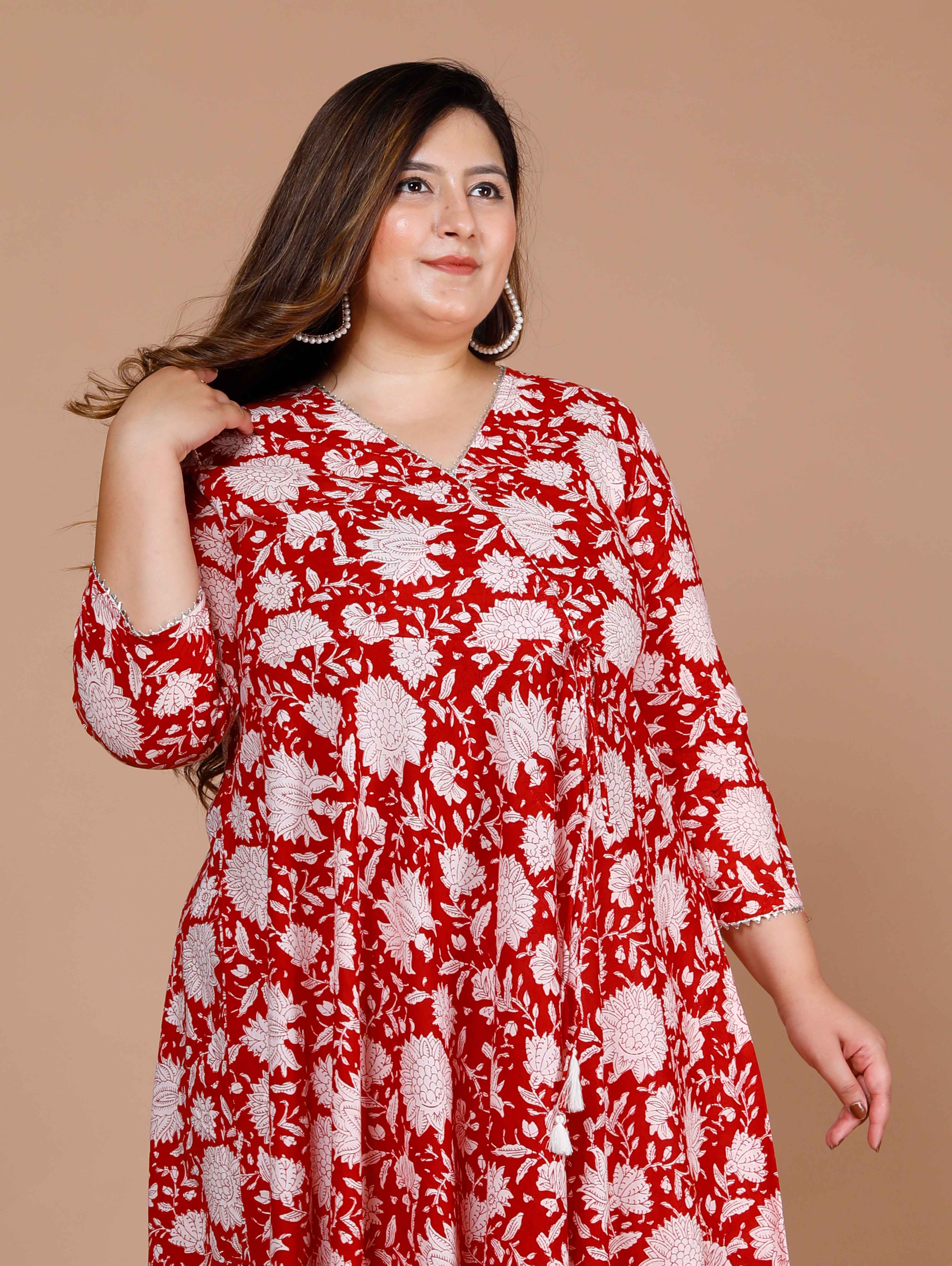 Red Floral Printed Gota Patti V-Neck 3/4th Sleeves Angrakha Style Anarkali Kurta with Dupatta